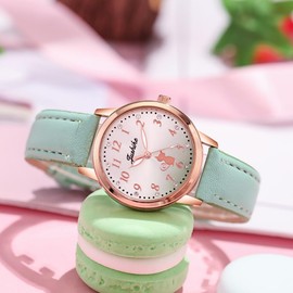 Qiowyuo Children's Wristwatch, Quartz, Analog Display, Girls, Children's Watch, Children's Day, School Entrance to School, Kindergarten, Back to School, Birthday, Celebration, 12.20-green