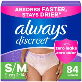 Always Discreet Adult Incontinence Underwear for Women and Postpartum Underwear, Small/Medium, Up to 100% Bladder Leak Protection, 84 Count (2 Packs of 42)