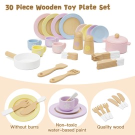 Frogprin 30 PCS Wooden Toy Plates and Dishes for Kids, Play Kitchen Accessories Set, Pretend Play Food Sets for Children Kitchen, Montessori Toys for Girls and Boys