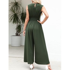 CUPSHE Women's Jumpsuit Deep V-Neck Sleeveless Jumpsuit Smocked Waist Wide Leg Summer Elegant Playsuit with Belt, dark green
