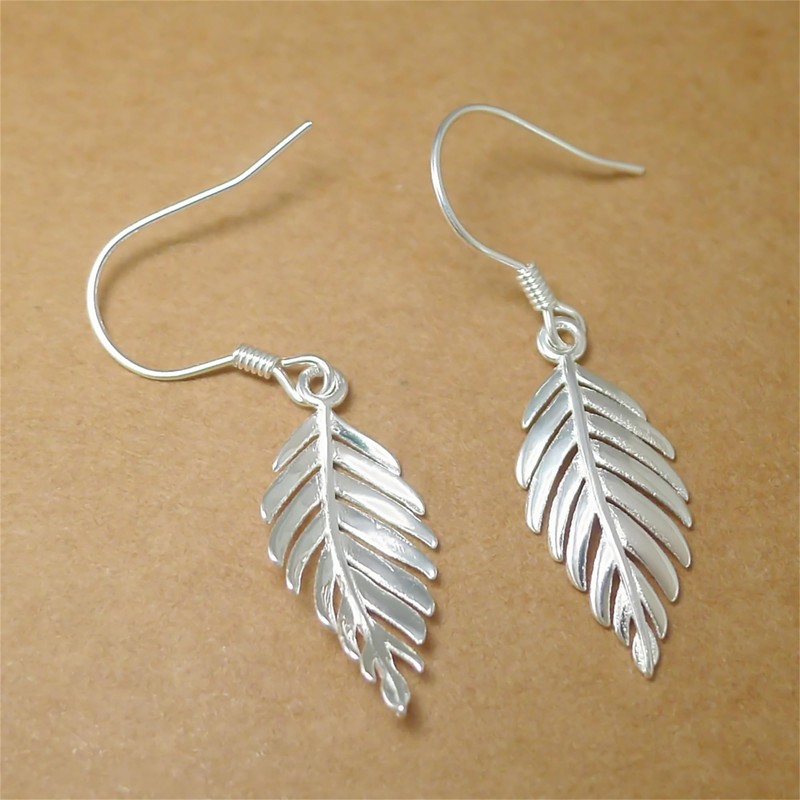 Sterling Silver Falling Feather Leaf Wing Drop Dangle Hook Earrings