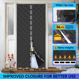 Magnetic Thermal Insulated Door Curtain, Fits Door Size 38" x 82", Weatherproof Oxford Material Thicken Fiber Fill Door Cover,Temporary Door Thermal Curtains for Winter/Patio/Sliding Glass Door, Black