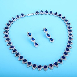 EleQueen Women's Silver-tone Full Prong Cubic Zirconia Teardrop Bridal Necklace Earrings Set Sapphire Color