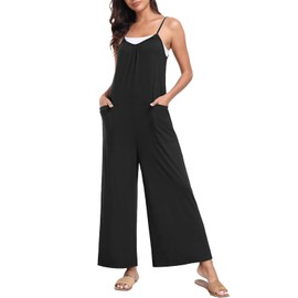 PrinStory Womens Summer Casual Sleeveless Jumpsuits Spaghetti Strap Stretchy Cute Romper Loose Long Pant Overalls with Pockets 2024 Trendy Black M