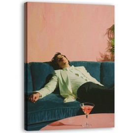 Zeuiwr Vintage Bar Framed Wall Decor, Eclectic Aesthetic Canvas Wall Art, Pink Man on Couch with Martini Pictures Prints Artwork for Home Bar Cart Kitchen Dining Room Decor, 11x14 Inches