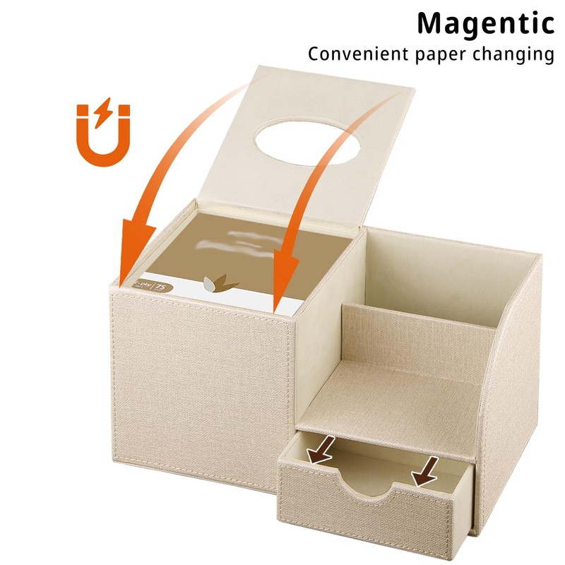 Nightstand Organizer with Tissue Holder,PU Leather Square Tissue Box Cover,Modern