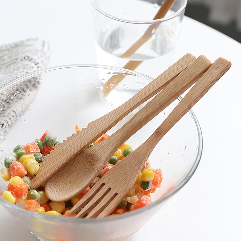 All Bamboo Forks, Knife, Spoons, 6 Pcs 7.87 Inch Thickened