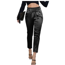heipeiwa Womens Satin Pants Casual Dress High Waist Bow-Knot Cropped Paper Bag Pants