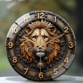 Lancholy 12-Inch Silent Tempered Glass Wall Clock, Lion Head Wall Clock ” Silent Non-Ticking Clock, Battery Operated (AA Batteries Not Included), Artistic Home Decor