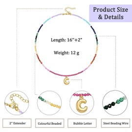 Colourful Beaded Initial Necklaces for Women Gold Plated Bubble Letter Pendant Trendy Letter Necklace Summer Beach Jewellry for Women (Letter C Necklace)