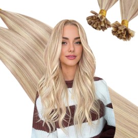 Ugeat 22 inch U Tip Hair Extensions Human Hair Ash Blonde Highlights Light Blonde K Tip Hair Extensions Real Human Hair Blonde U Tip Highlights Hair Extensions for Women 50S 50G