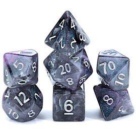 Gate Keeper Games and Dice: Aether Dice: Limbo - 7pc Set, Black & Purple, White Glitter Swirl, 7 Resin Dice for Role Playing Games