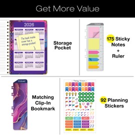 HARDCOVER Academic Year 2025-2026 Planner: (June 2025 Through July 2026) 5.5"x8" Daily Weekly Monthly Planner Yearly Agenda. Bookmark, Pocket Folder and Sticky Note Set (Pink Purple Marble)