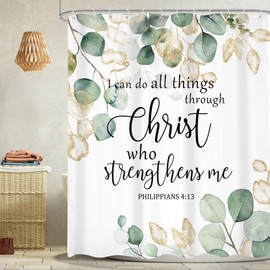 Omifly Eucalyptus Bible Verse Shower Curtain 72Wx72H Inch Green Leaves Gold Watercolor Plant Christian Quotes Botanical Leaf Scripture with 12 Plastic Hooks Fabric Waterproof Toilet Accessories Decor