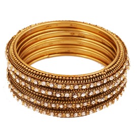 Touchstone "Golden Bangle Collection Indian Bollywood Stunning Hand Embellished Clear Rhinestone Grain Work Designer Jewelry Thick Bangle Bracelets Set of 4 For Women in Antique Gold Tone