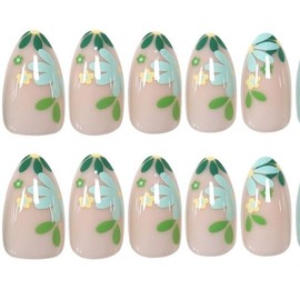 Floral Design Press On Nails, Nude Color with Green Leaves, 30 pieces