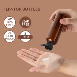 Lisapack Botellas de viaje de 3.4 onzas con tapa abatible (5 piezas) contenedor dispensador vacío para cosméticos de tamaño de viaje (100 ml, marrón)