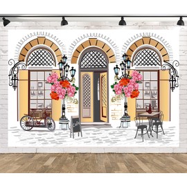CORFOTO 2.1x1.5m Street Cafes Backdrop Hand Drawn French Paris Cafe Shop Photography Backdrop Retro Old Town Cafe Store Backdrop Tea Party Theme Decor Portrait Photo Studio Prop
