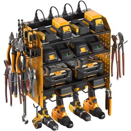 CCCEI Modular Pegboard Rack Power Tool Organizer with Charging Station. 4 Layer Wall Mount Drill Holder, Yellow Tool Battery Charger Organizer. Garage Shop Storage Utility Shelf with Power Strip.