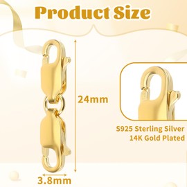 2 Pcs Double Lobster Clasps, Lobster Clasps Bracelet Clasp Jewelry Clasp Double Necklace Clasp 14K Gold Plated Sterling Silver Necklace Bracelet Extension Connector for Jewelry Making