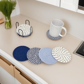 Tootesa Coasters for Drinks, Pack of 8 Handmade Coasters, Glasses with Holder, Round Coasters Made of Cotton, Washable, Wear-resistant Cup Mats, Table Decoration (Blue 4-Colour)