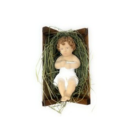 Polish Gallery Baby Jesus in Wooden Manger Laying on Natural Hay, 4 Inch Small Nativity Figurine (Small - 4 inch, Manger)