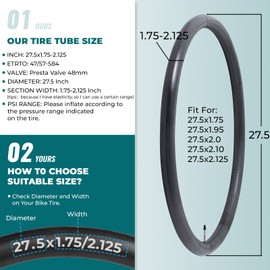 MetersGod 2 Pcs, 27.5 x 1.75 / 1.95 / 2.0 / 2.10 / 2.125 Bicycle Tube, 27.5 x 1.75 - 2.125 Bicycle Tire, Presta Valve 48mm Butyl Rubber, Suitable for Mountain Bikes, Cross Bikes, City Bikes, MGN015
