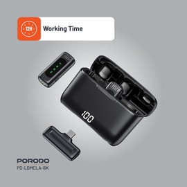 Porodo Lavalier Double Microphone with Charging Case,12H Working Time, Low-Latency, Digital Display, Plug & Play, Type-C Connector with Lightning Head Adapter, Durable Material - Black