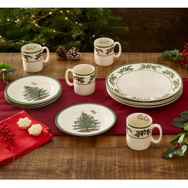 Spode Christmas Tree Holly 12 Piece Dinnerware Set | Service for 4 | Dinner Plate, Salad Plate, and Mug | Made of Fine Earthenware | Microwave and Dishwasher Safe