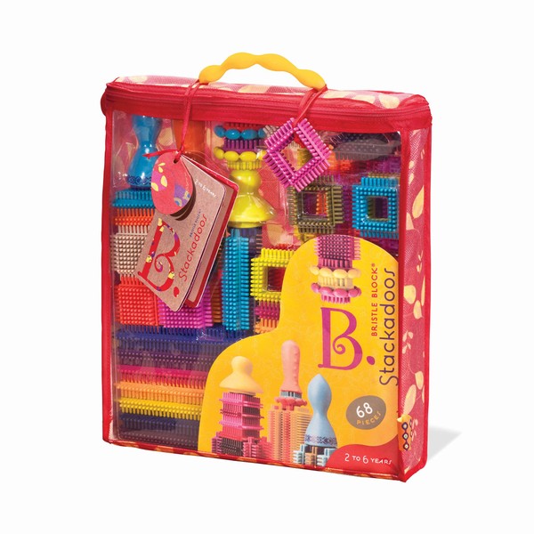 B. toys- Bristle Block Stackadoos - Building Blocks for Kids – Developmenal Toy-68 Blocks in a Storage Pouch – STEM Toys – Soft & Interlocking – Bristle Block Stackadoos – 2 years +