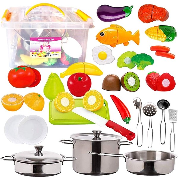 FUNERICA 45-Pieces Kitchen Pretend Play Food Toys with Stainless Steel Pots & Pans, Cooking Utensils, Storage Bin, Knife, Cutting Board, Cutting Vegetables, Meat & Fish for Kids, Girls, Boys, Toddlers