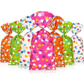 Pajean 100 Pcs Cellophane Treat Bags, Polka Dots Goodie Star Party Favor Treat Candy Bags with 100 Twist Ties Rainbow Stars Theme for Birthday Pride Day Party Supplies (Dot Style)