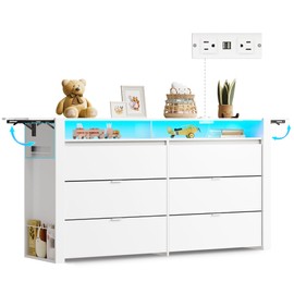 WLIVE 6 Drawer Dresser for Bedroom, Expandable White Wood Dresser from 5'3" to 6'5'' with Flexible Shelves and Hanging Rack, Led Dressers with Power Outlet, Chest of Drawers for Living Room (85'' TV)