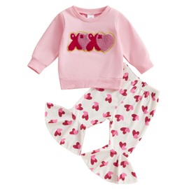 Xiaodriceee Toddler Girl Valentines Day Outfit Letter Embroidery Long Sleeve Crewneck Sweatshirt Bell Bottom Pants Set Valentine’s Day Clothes (C-Pink, 2-3T)