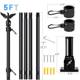 LETSTRY 5FT Black Flag Pole Kit for Outside House with American Flag & Solar Light,1" Thickened Stainless Steel Wall Mount Flagpole with 180°Adjustable Bracket for Residential Outdoor Porch