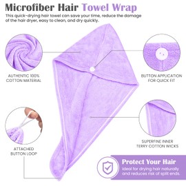 Glamza Microfibre Hair Towel Wrap Super Absorbing Twist Turban Hair Wrap with Buttons for Fast Drying Hair (2 PACK (LARGE) - PURPLE)
