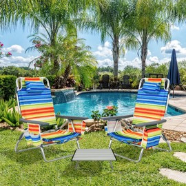 Giantex Folding Camping Chair, 3 PCS Beach Chair and Aluminum Table Set, Patio Sling Chairs with 5 Adjustable Position, Backpack Lawn Chair for Fishing, Travelling, Sunbathing Chairs Set