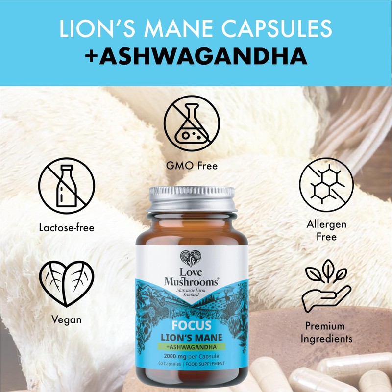 Love Mushrooms – Lion’s Mane Plus Ashwagandha Capsules | Cognitive