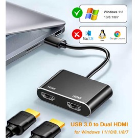 AKWOR USB to HDMI Adapter for 2 Monitors, USB 3.0 to Dual HDMI Adapter 1920 * 1080P@60HZ Full HD Audio Video Graphics Converter Compatible with Windows