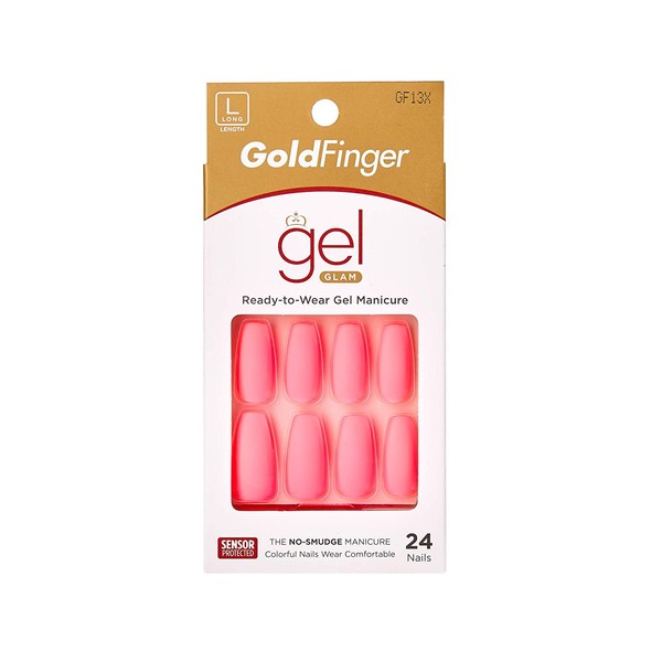 Kiss Gold Finger Gel Glam 24 Glue-On False Nails Hot Pink Matte Finish Ballerina Coffin Style