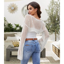 ETOSELL Women Long Sleeve Y2K Crop Tops Hollow Out Crochet Shrug Bolero top See Through Loose Cover Up Mesh Pullover White