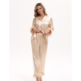 MORFORU Satin Pajama Set for Women Feather Trim Long Sleeve Pjs with Sleep Mask Headband Scrunchie Sleepwear Lounge Set (Champagne/S)
