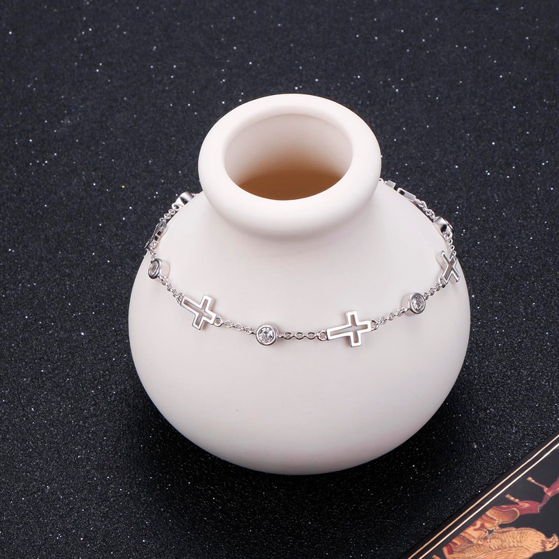 FLYOW S925 Sterling Silver Cross Charm Bracelet for Women Christian
