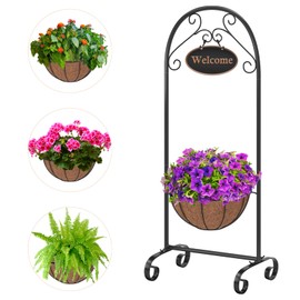 DAMEING Metal Welcome Planter Basket Stand with Coco Liner, 39.5” Hanging Flower Stand with Decorative Welcome Sign, Outdoor Decor for Porch, Garden, Deck
