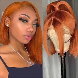 NINAHAIR Short Straight Bob Lace Front Synthetic Hair Wigs Orange HD Transparent Lace Heat Resistant Fiber Hair Wig for Black Women Glueless 180 Density Pre Plucked with Baby Hair 10 Inch