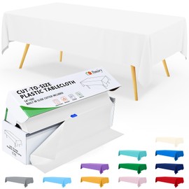 Smiry 54 Inch x 100 Feet Disposable Table Cover Roll, White Plastic Table Cloth in Cut-to-Size Box with Slide Cutter, Waterproof Rectangle Tablecloths for Parties, Weddings, Banquets, Outdoor