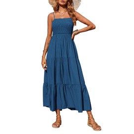 PRETTYGARDEN Summer Dresses for Women 2025 Spaghetti Strap Floral Maxi Dress Sleeveless Smocked Tiered Long Beach Sundress (Dark Blue,XL)