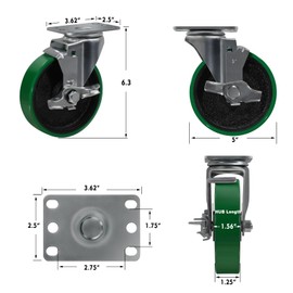 NINOSO Caster Wheels, 5" Heavy Duty Industrial Swivel Casters with Brake, Polyurethane Wheels for Cart Furniture, Each Caster Loads 500lbs(12 Brake)