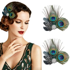 2 Pcs Peacock Feather Hair Clip Pins with Rhinestones 1920s Vintage Feather Hair Clip Pin for Women Bridal Wedding Dance Halloween Party Headpiece Accessories