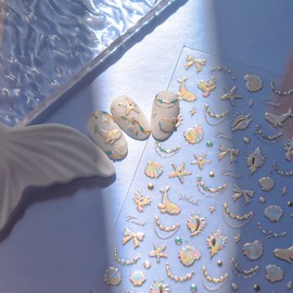 Summer Seashell Starfish Nail Art Sticker Shiny Shell Light Whale Conch Decals 5D Acrylic Engraved Nail Stickers Ocean Theme Bow Design Adhesive Sliders for Women Girl Manicure Decoration